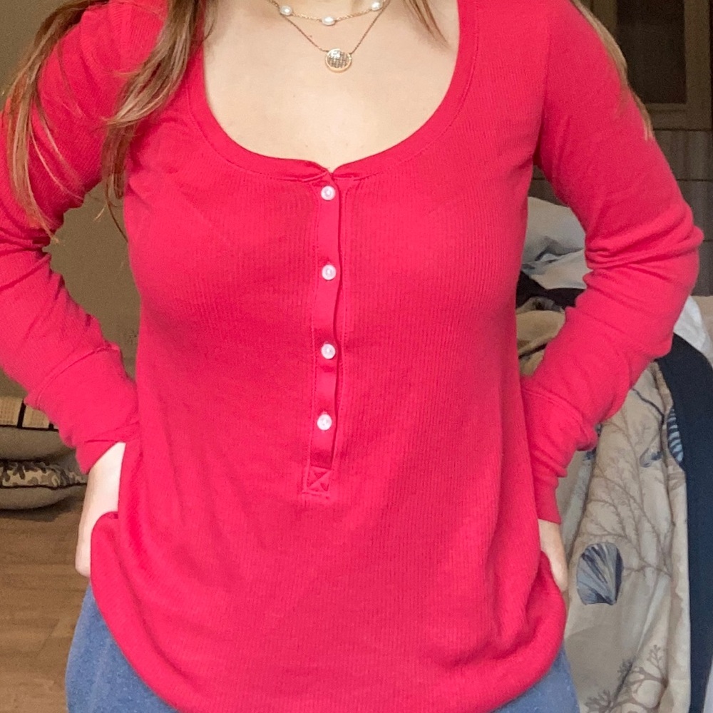 red button down long sleeve pajama shirt